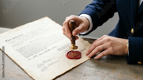 Person in professional suit applying red wax seal to antique document with vintage wooden stamp tool