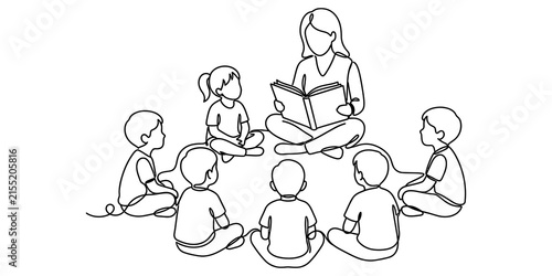 Foto Continuous line drawing of a female teacher reading a storybook to a group of yo
