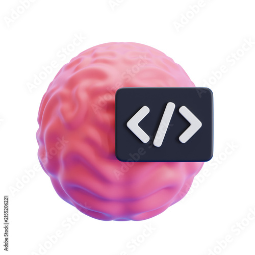 Photography 3D rendering of a pink human brain with a code snippet tag, AI programming conce