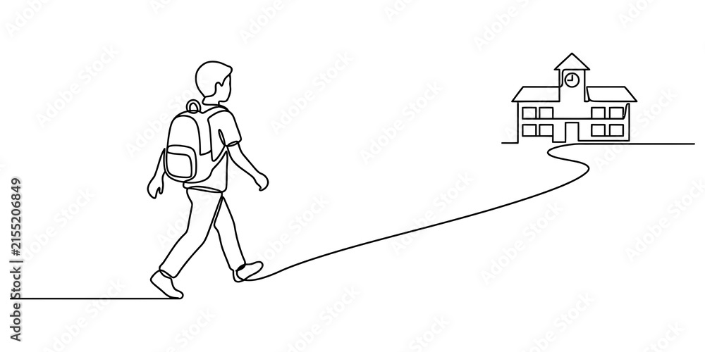 Fototapeta premium Continuous single line drawing of a school boy with a backpack walking to school building