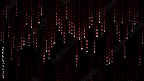 Red digital binary code raining down on dark background.