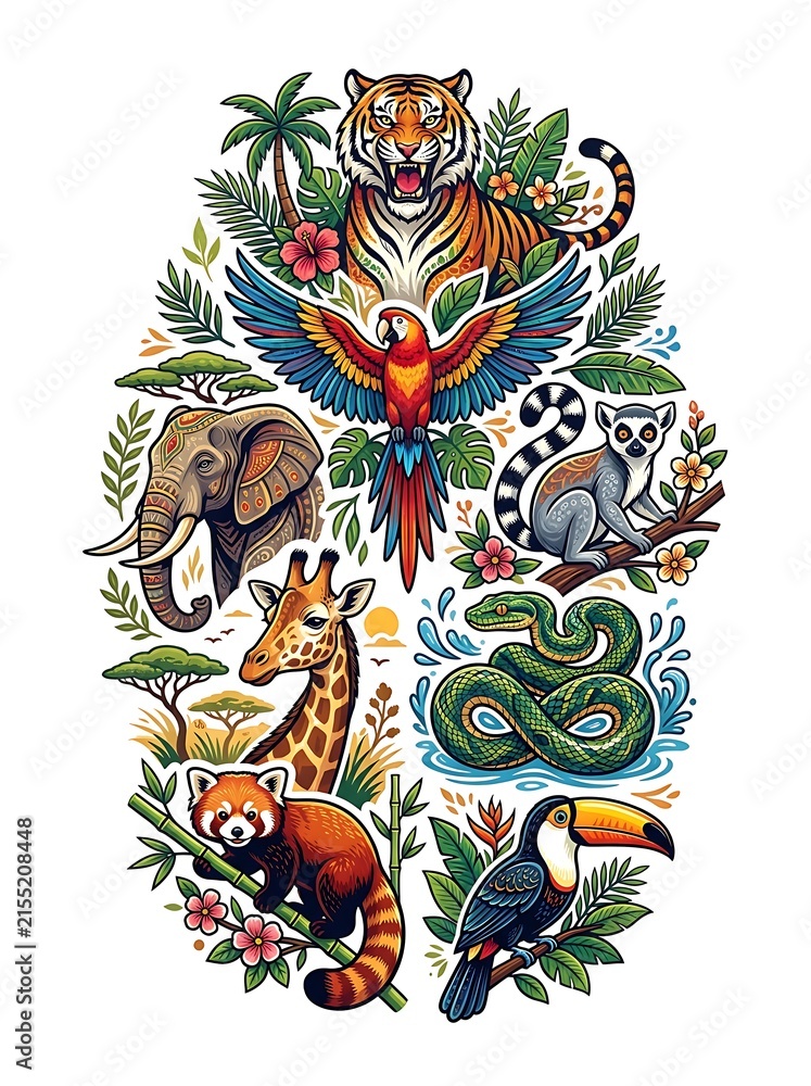 Naklejka premium Colorful tropical animals and wildlife illustration with exotic flora