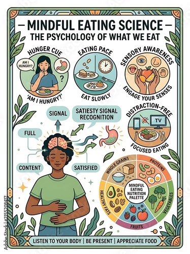 Mindful eating science and psychology infographic for healthy living