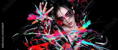 Futuristic Fashion Portrait with Vibrant Abstract Light Strips and Dynamic Pose