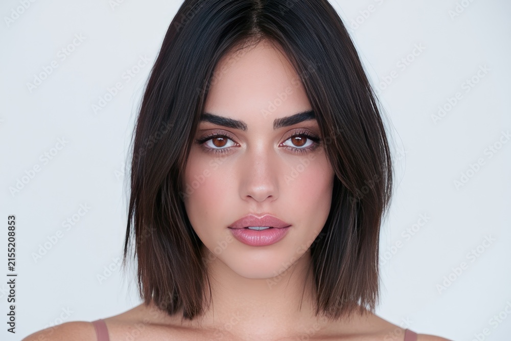 Fototapeta premium Portrait of a Young Woman with Natural Makeup and Short Hair on White Background