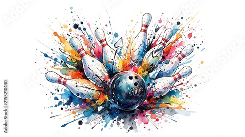 Bowling ball striking pins colorful splash abstract