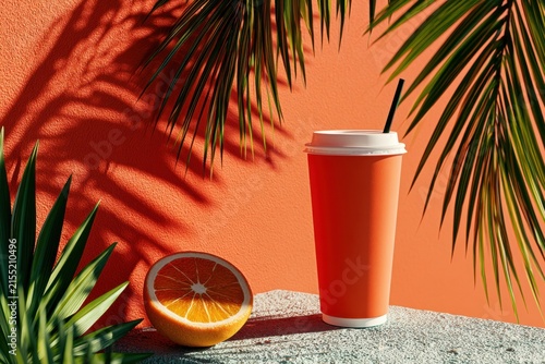 Orange takeaway cup with straw and fresh orange slice under palm shadows