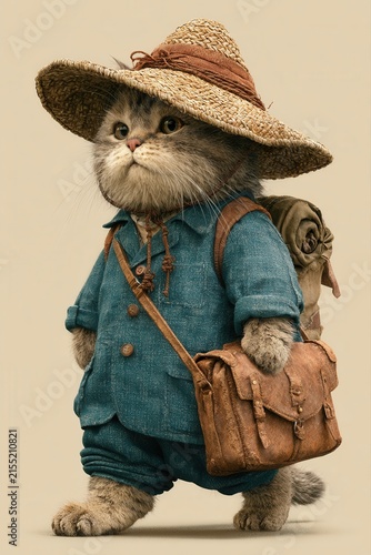Cute cat dressed as hiker with backpack and straw hat illustration