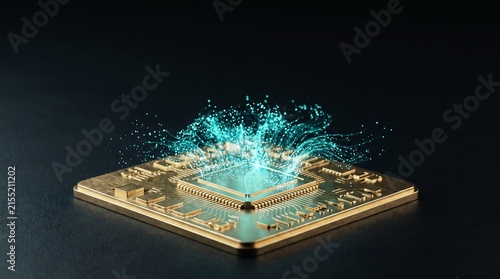 Deep Learning Microchip Processor Metallic Gold Cyan Light Particles