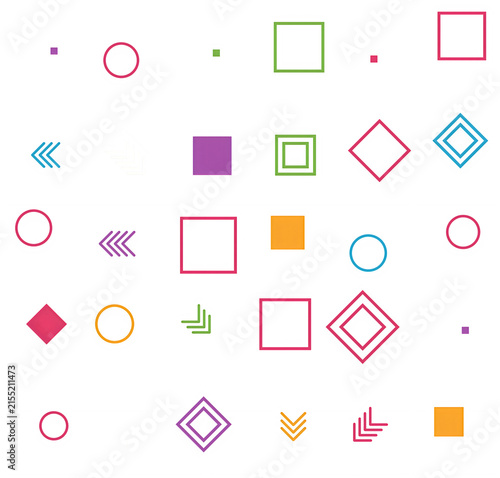Set of colorful geometric shapes and abstract symbols including squares circles and lines
