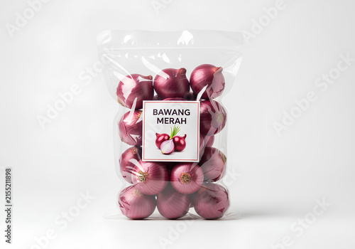 Red onion package with label on white background for retail