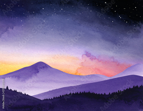 紫のグラデーションに浮かぶ山並みと星空の水彩イラスト