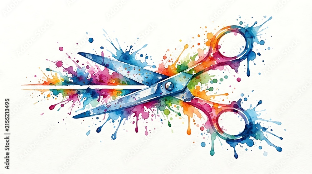Fototapeta premium Colorful ink splatter scissors artistic design