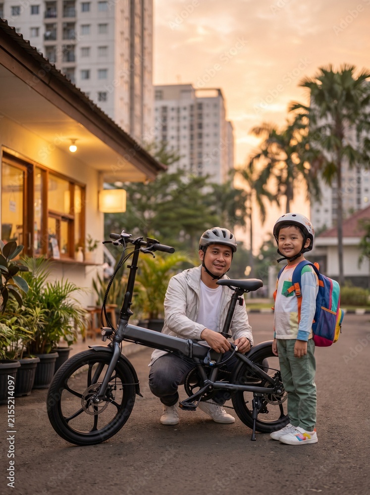 Obraz premium Father and Son Enjoying a Bicycle Ride in a Tropical Cityscape at Sunset