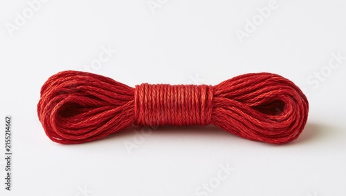 A coil of vibrant red rope neatly wound on a plain white background.