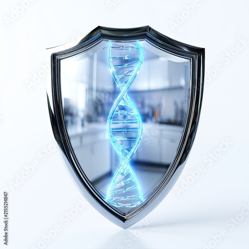 Shield Protecting Glowing DNA Helix Symbolizing Genetic Security.