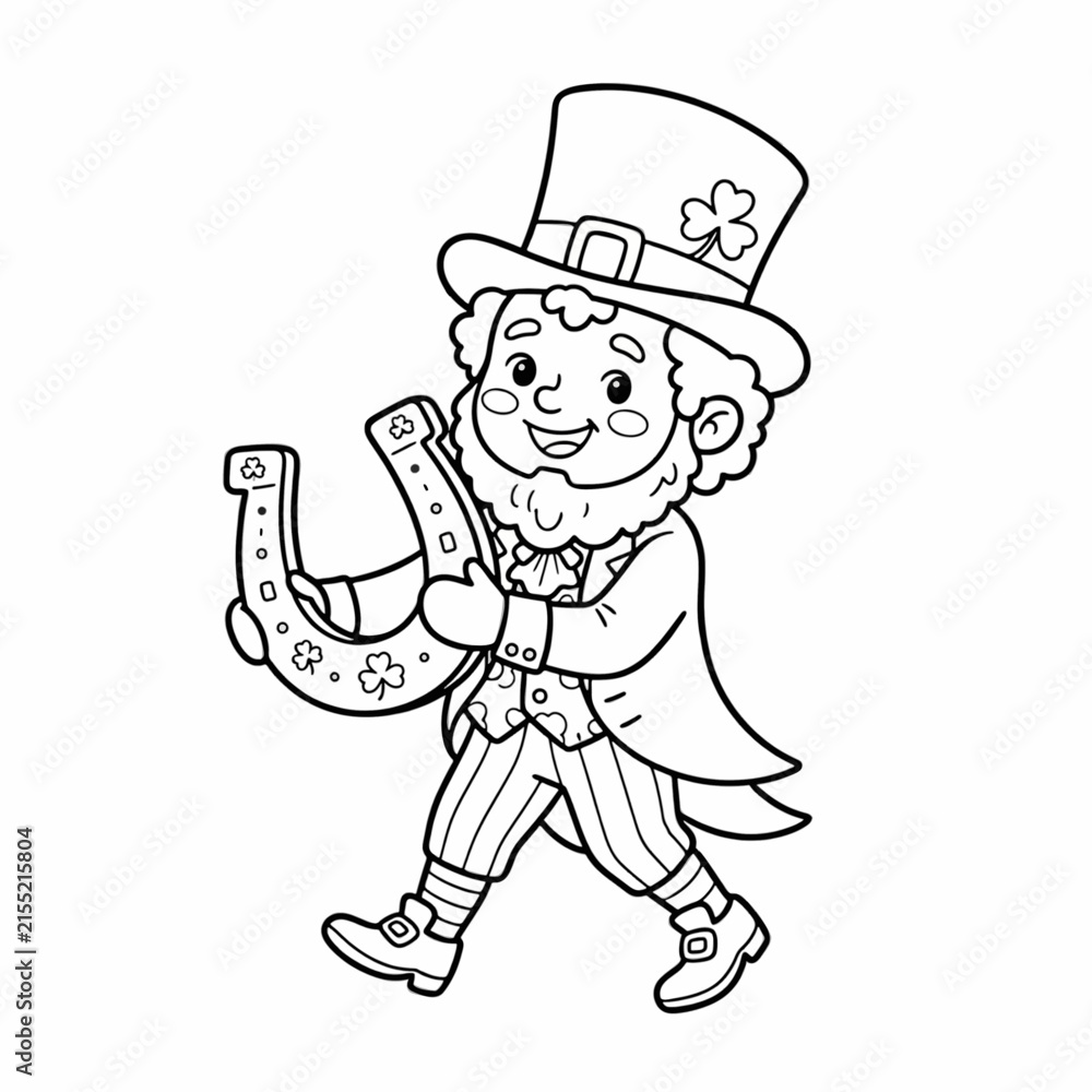 Fototapeta premium Leprechaun holding a horseshoe coloring page