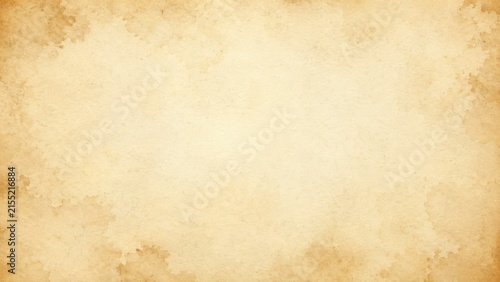 Aged Parchment Texture: A close-up view of aged parchment paper, featuring a light tan hue with irregular darker brown water stains and a slightly rough, textured surface.
