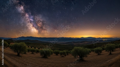 Milky Way Galaxy Over Olive Grove Landscape