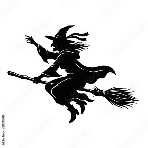 Obraz na płótnie Witch silhouette flying on broomstick vector, Halloween sorceress character icon