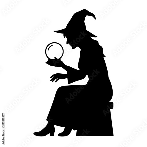 Bild auf Leinwand Witch silhouette with crystal ball vector, mystical sorceress in pointed hat, fo