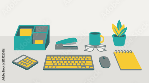 Flat design office desk items: organizer, calculator, keyboard, stapler, mouse, glasses, mug, plant, notepad