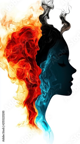 Abstract Female Profile: Duality of Fire, Water, and Smoke Elements