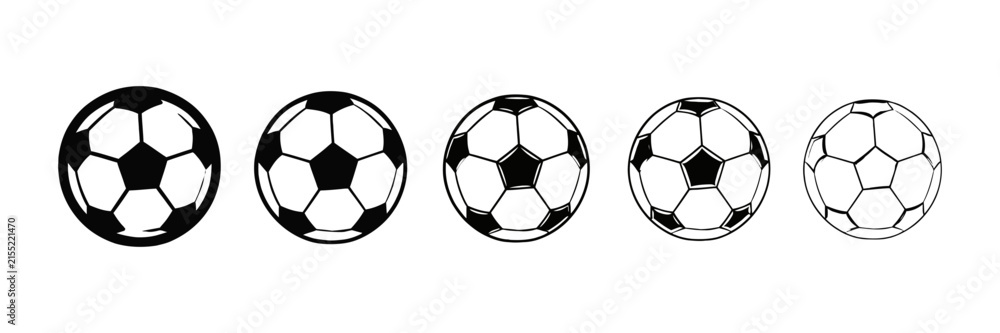 Naklejka premium Set of five elongated soccer ball illustrations with varying levels of black and white shading and detail