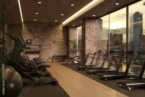 фотографія Modern Gym Interior with Fitness Equipment and Glass Windows Showing City View
