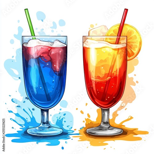 Vibrant Summer Cocktails Illustration with Splashes on White Background