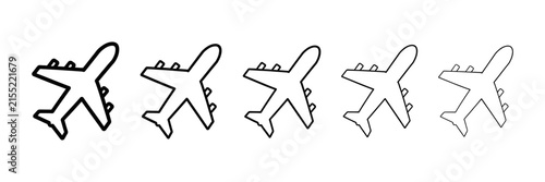 A row of five airplane icons with varying line thickness from thick to thin isolated on white