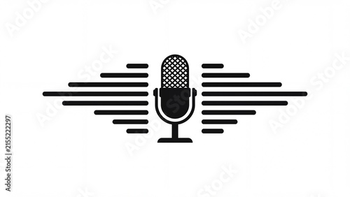 Black minimalist microphone icon with horizontal sound waves a flat vector design element for podcast broadcast and audio recording apps