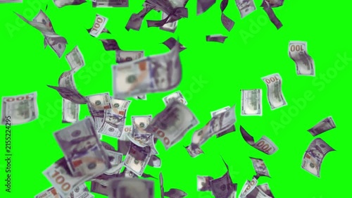 Falling US Dollar Banknotes on Green Screen for VFX