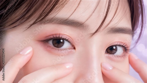 指先で両目を囲む日本人女性のピンクアイメイク超接写