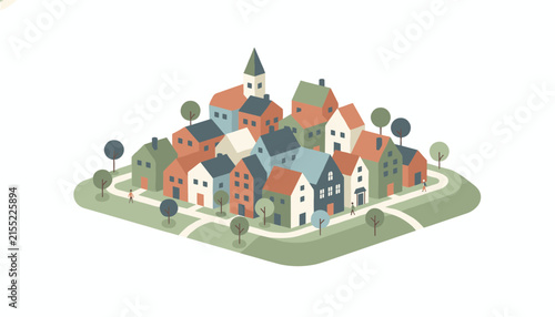 Cute isometric vector village map with small colorful houses, trees, pathways, and green grass on a white background.