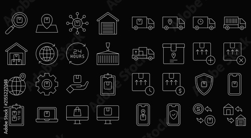 Collection of white outline delivery and logistics icons on black background for shipping services.