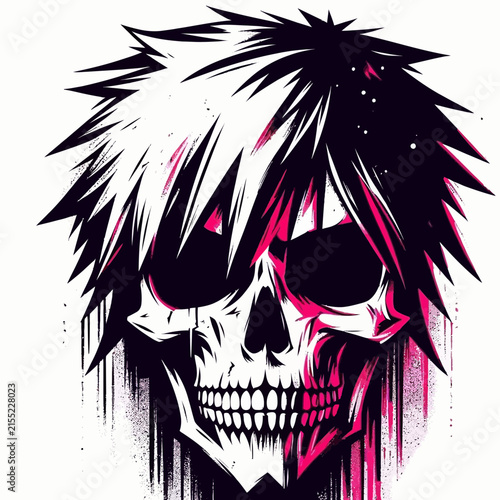 A striking, stylized illustration of a skull with spiky, dark hair and vibrant pink accents, rendered in a bold, graphic art style.