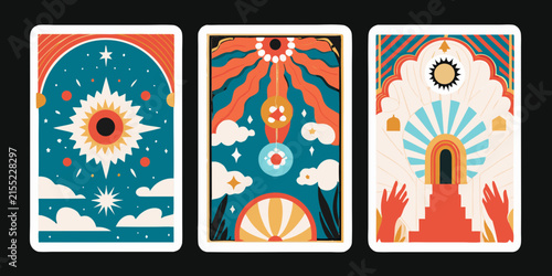 Art deco tarot cards display ornate vector illustrations with celestial motifs
