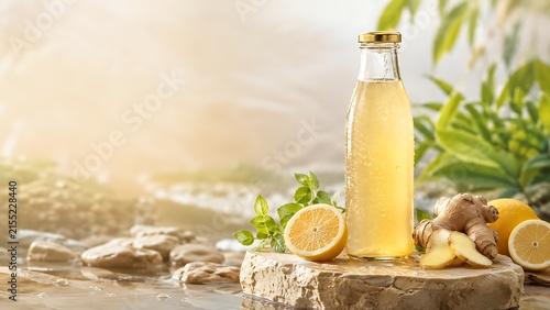 Premium lemon ginger wellness drink bottle with fresh citrus and ginger on natural stone pedestal for healthy beverage branding, functional nutrition marketing and FMCG campaigns