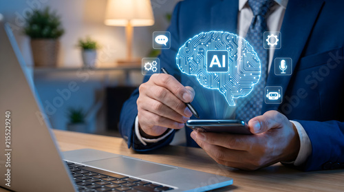 Businessman using smartphone with artificial intelligence hologram and digital brain icon overlay for futuristic corporate tech network management