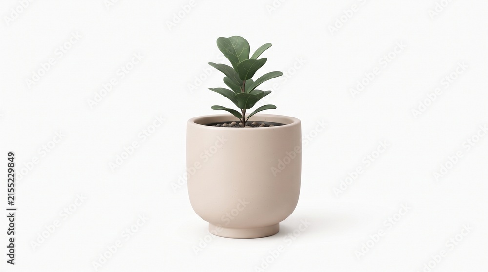 Fototapeta premium Vibrant green houseplant in a minimalist blush pink ceramic pot, standing against a clean white background, symbolizing fresh starts and natural interior design for modern spaces