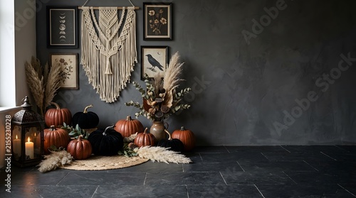 A hauntingly beautiful halloween still life featuring pumpkins candles and vintage frames evoking a sense of autumnal mystery and spooky elegance in a dark