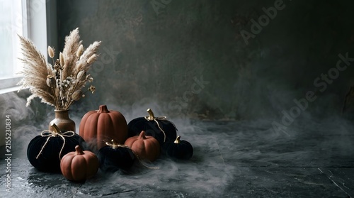 A captivating autumnal still life featuring a collection of pumpkins nestled amongst a swirling mist evoking the enchanting spirit of halloween and the fall