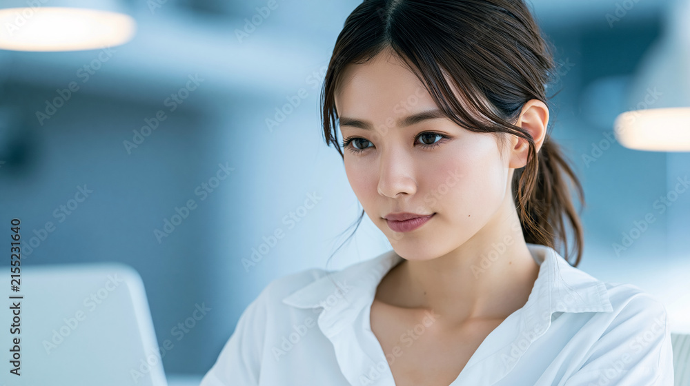 Obraz premium Business Woman Working on Computer in Modern Office, Copy Space