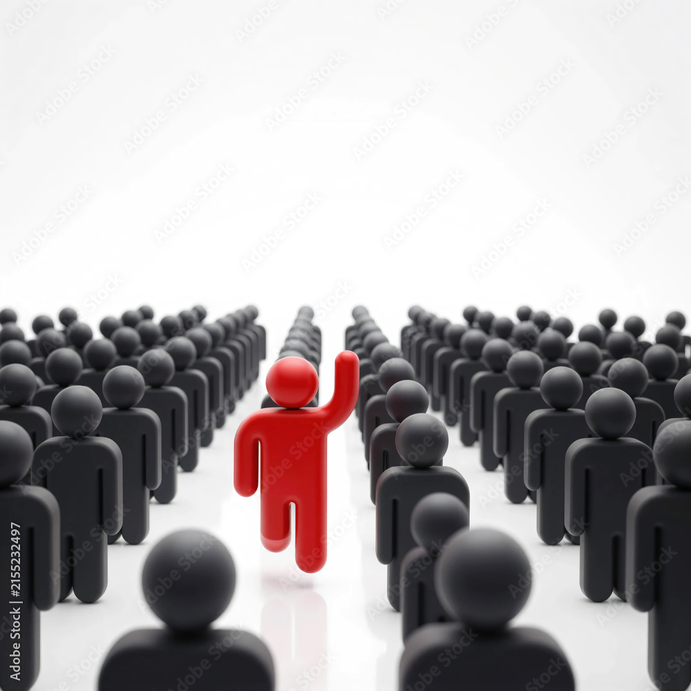 Fototapeta premium Leadership Breaking Away From the Crowd with Bold Red Figure Moving Forward Among Hundreds of Black Figures Symbolizing Innovation Courage Independent Thinking Business Success and Market Disruption