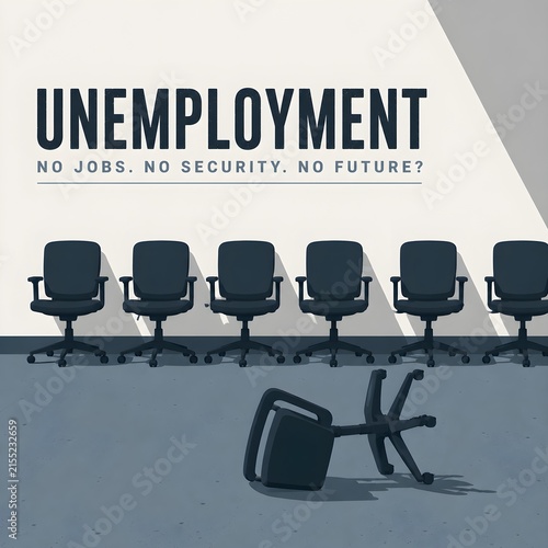 Unemployment concept with empty office chairs representing job loss, economic crisis and career uncertainty