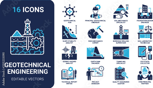 Geotechnical engineering vector icons featuring soil mechanics, slope stability analysis, and drilling equipment symbols.