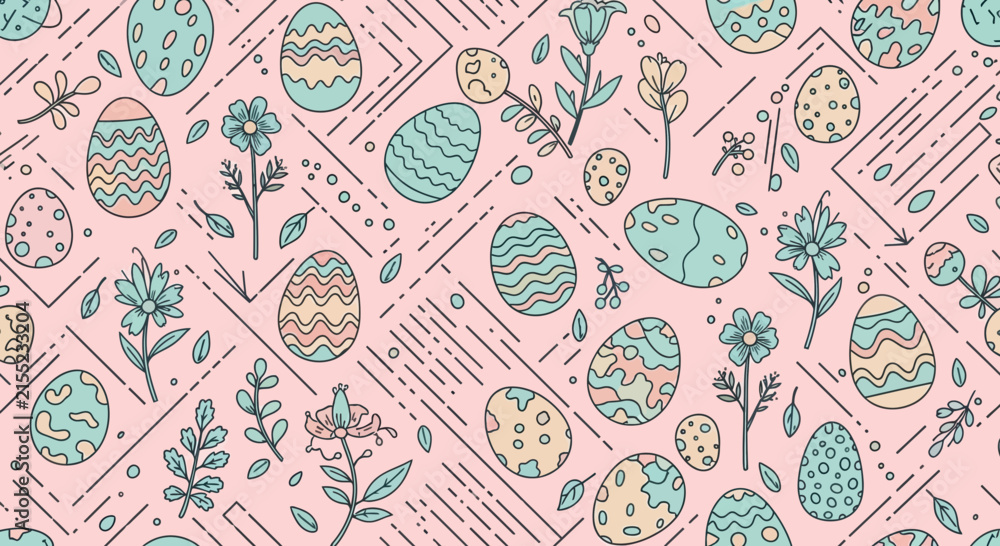 Fototapeta premium Easter egg and flower pattern pastel colors repeating design