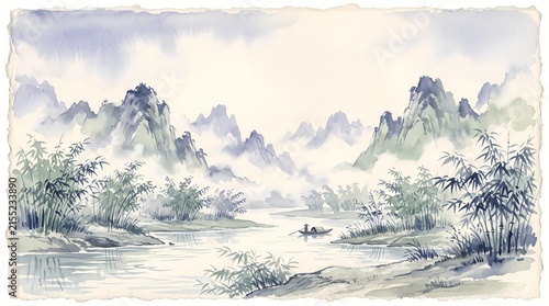 Serene mountain landscape with fisherman boat on misty river traditional Chinese ink wash painting concept
