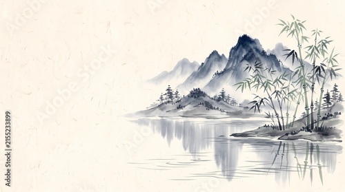 Misty mountain landscape with bamboo grove and lake reflection traditional Chinese ink wash painting concept
